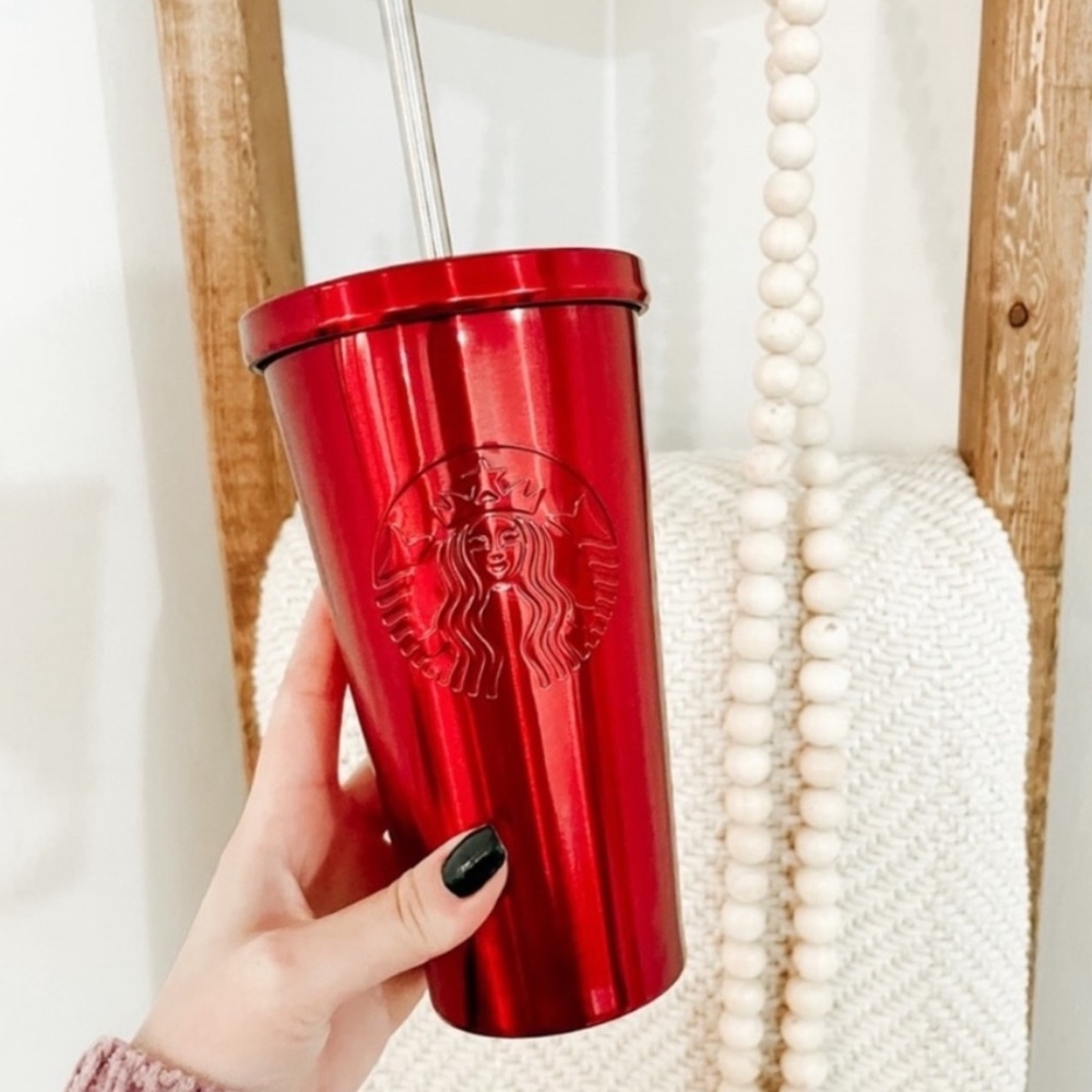 *SOLD* NWT 2014 Starbucks stainless steel chrome red travel cold cup tumbler